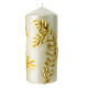 Christmas candle, carved, 7x3 in, golden pattern on pearly background s4