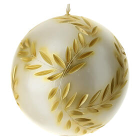 Spherical Christmas candle, pearly background with golden carving, diam. 5 in