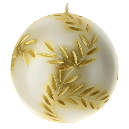 Spherical Christmas candle, pearly background with golden carving, diam. 5 in 4