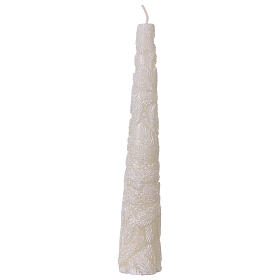 White Christmas candle with embossed leaf pattern, cone-shaped, 2x10 in