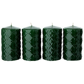 Set of 4 green lacquered candles with geometric decoration, 5x3 in