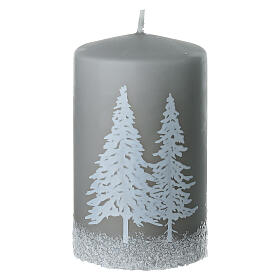Set of 4 pearl grey candles with snow-covered trees, 4x2.5 in