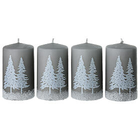 Set 4 velas gris perla motivo árboles nevados 10x6 cm