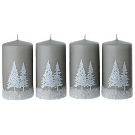 Set 4 velas gris perla decoración árboles nevados 13x7 cm