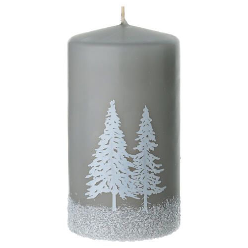 Set 4 velas gris perla decoración árboles nevados 13x7 cm 2