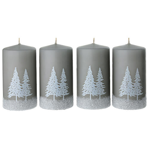 Conjunto 4 velas cinza pérola decoração árvores nevadas 13x7 cm 1