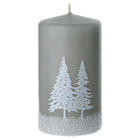 Set of 4 pearl gray candles with snowy tree decoration, 13x7 cm