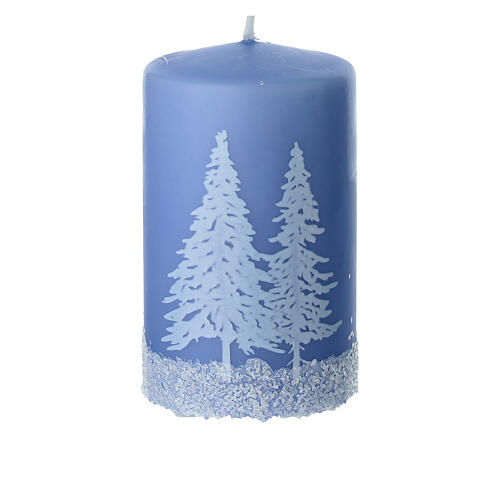 Set of 4 light blue candles with snowy forest decoration, 4x2.5 in 2