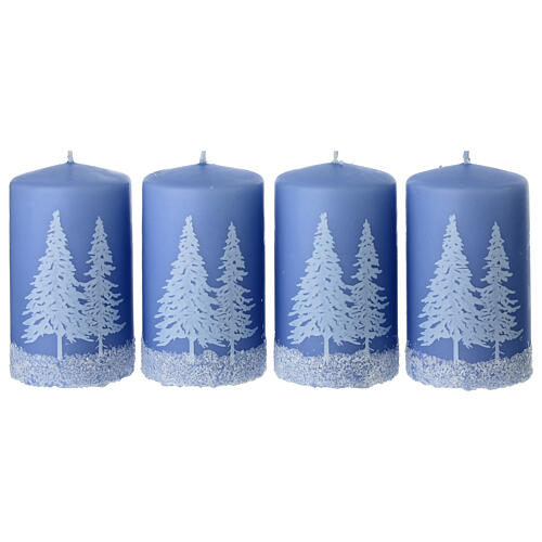 Conjunto de 4 velas azuis com decoração de floresta nevada 10x6 cm 1