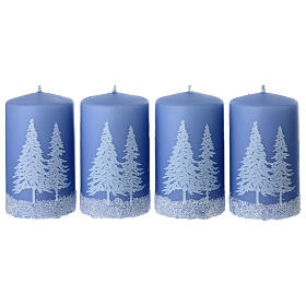 Set of 4 light blue candles with snowy forest decoration, 10x6 cm