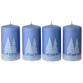 Set 4 candele azzurre decoro foresta innevata 13x7 cm