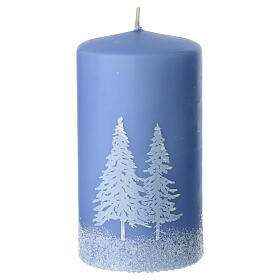 Set 4 candele azzurre decoro foresta innevata 13x7 cm