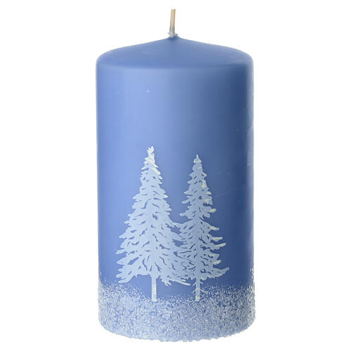 Set 4 candele azzurre decoro foresta innevata 13x7 cm 2