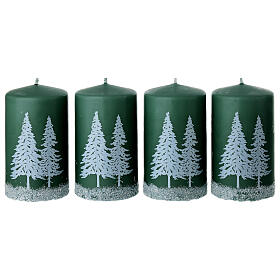 Weihnachtskerzen, Set zu 4 Stück, grün, mit Dekor verschneiter Bäume – 10 × 6 cm