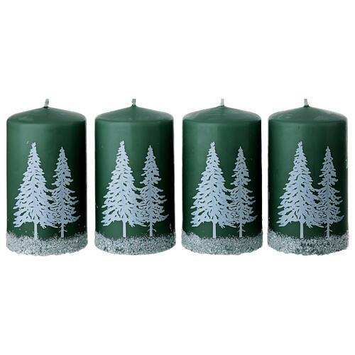 Weihnachtskerzen, Set zu 4 Stück, grün, mit Dekor verschneiter Bäume – 10 × 6 cm 1