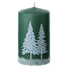 Set of 4 green candles with snowy forest decoration, 10x6 cm