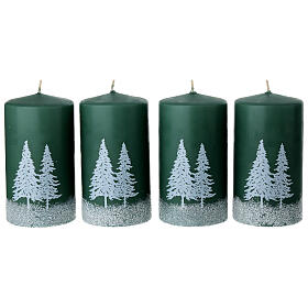 Set of 4 green candles with snowy forest decor, 5x3 in