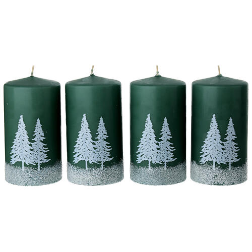 Set of 4 green candles with snowy forest decor, 5x3 in 1