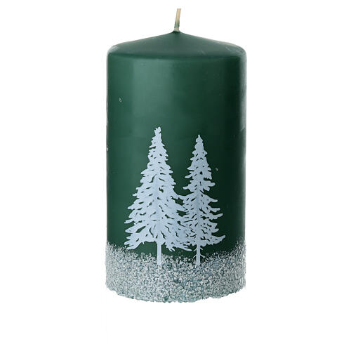 Set of 4 green candles with snowy forest decor, 5x3 in 2
