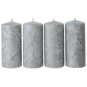 Box 4 candele grigio perla decorate bianco 13x6 cm