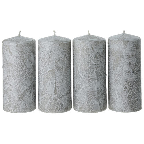 Caixa 4 velas cinza pérola decoradas branco 13x6 cm 1