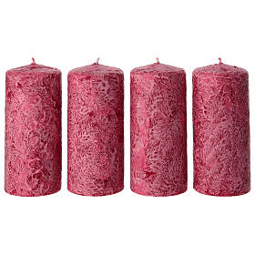 Caja 4 velas rojas perla decoradas blanco 13x6 cm
