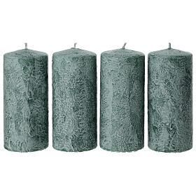 Box of 4 green candles decorated in white, 5x2.5 in