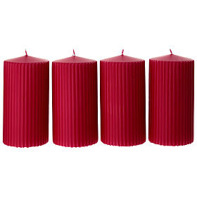 Weihnachtskerzen, Set zu 4 Stück, rot, mit Ton-in-Ton-Streifendekor – 13 × 7 cm