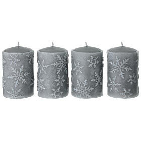 Set 4 candele grigio perla con fiocchi di neve 10x6 cm