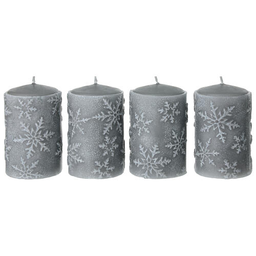4 pearl gray candles with snowflakes, 10x6 cm 1