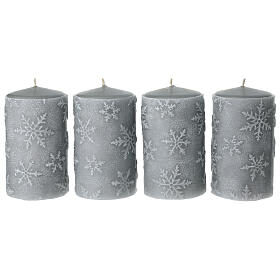 Set of 4 pearl gray candles with snowflakes, 13x7 cm