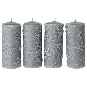 Lot de 4 bougies gris perle avec flocons de neige 15x6 cm