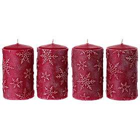 Set 4 candele rosse con fiocchi di neve 13x7 cm