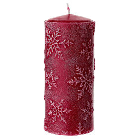 Weihnachtskerzen, Set zu 4 Stück, rot, mit Schneeflocken-Reliefdekor – 15 × 6,5 cm