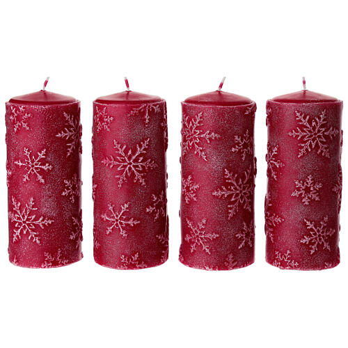 Weihnachtskerzen, Set zu 4 Stück, rot, mit Schneeflocken-Reliefdekor – 15 × 6,5 cm 1