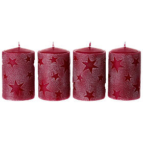 Weihnachtskerzen, Set zu 4 Stück, rot, mit Sternen-Negativ-Relief – 10 × 6,5 cm