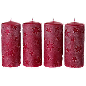 Set of 4 red candles with raised stars, 15x6 cm