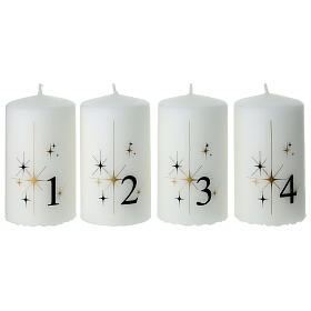 Adventskerzen, Set zu 4 Stück, weiß, mit Sternen- und Zahlendekor – 10 × 6 cm