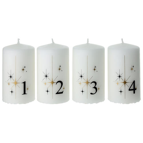 Adventskerzen, Set zu 4 Stück, weiß, mit Sternen- und Zahlendekor – 10 × 6 cm 1