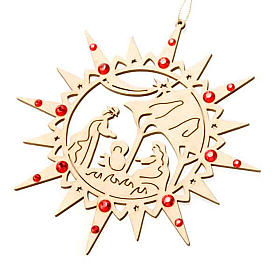 Christmas tree ornaments in wood and pvc: Carved star with red swarovski crystals