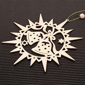 Ozdoby choinkowe z drewna i pvc: Ozdoba bożonarodzeniowa gwiazda wycięta dzwoneczki