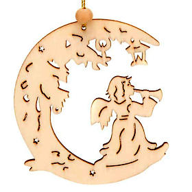Christmas tree ornaments in wood and pvc: Christmas tree decoration, wooden angel with moon