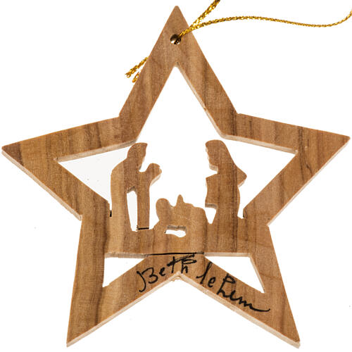Enfeite para árvore de Natal madeira de oliveira estrela com Natividade 1