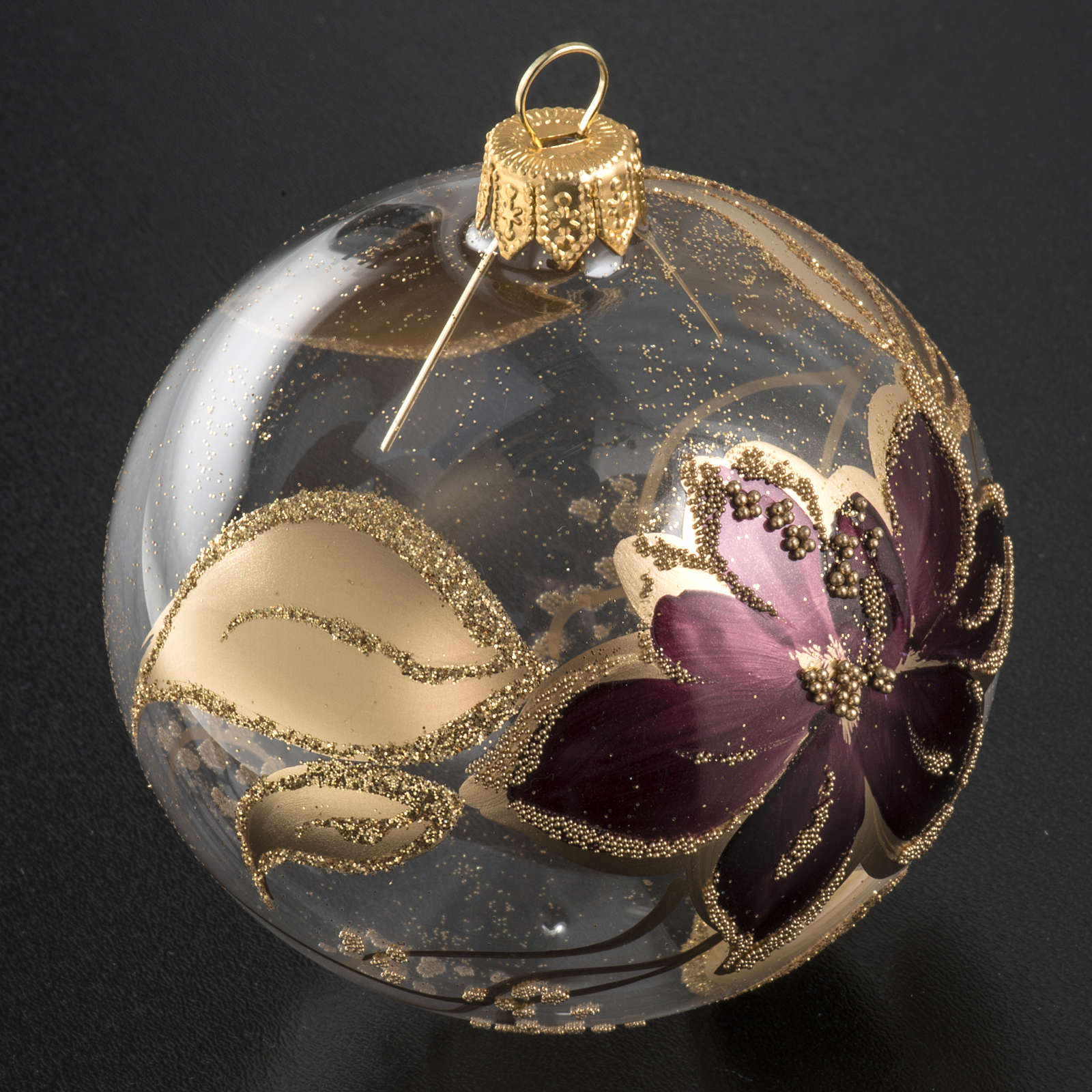 Boule de Noel transparente décors or violet 8cm | vente en ligne sur