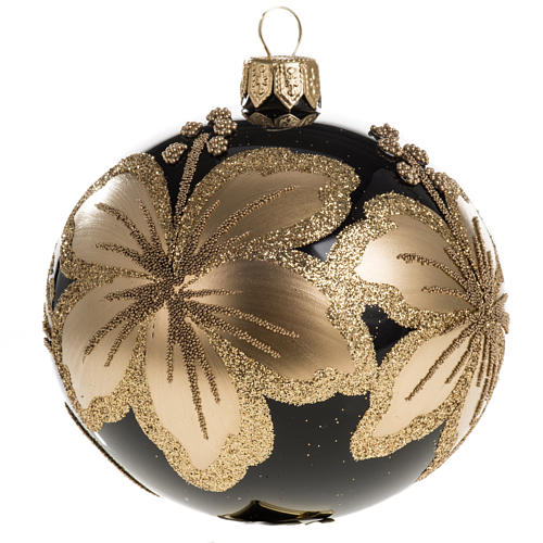 Pallina albero Natale vetro nero decori fiori oro 8cm 1