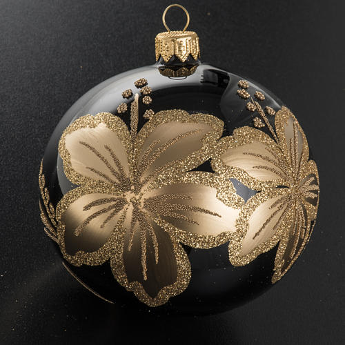 Christmas bauble, black glass with floral decorations, 10cm 2