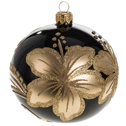 Bombka na choinkę szkło czarne dekoracje złote kwiaty 10 cm 1