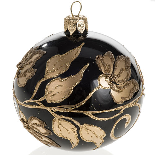 Christmas bauble, black glass with gold floral decorations, 8cm 1