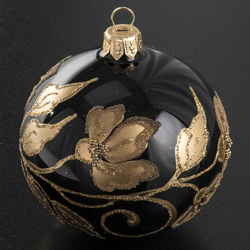 Christmas bauble, black glass with gold floral decorations, 8cm 2