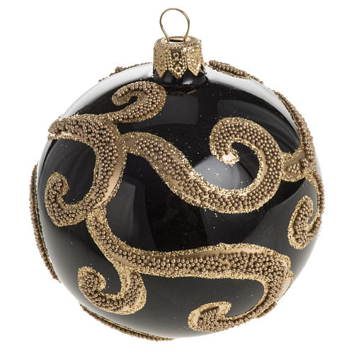 Bola árbol navidad vidrio negro y bordados oro 8 cm. 1